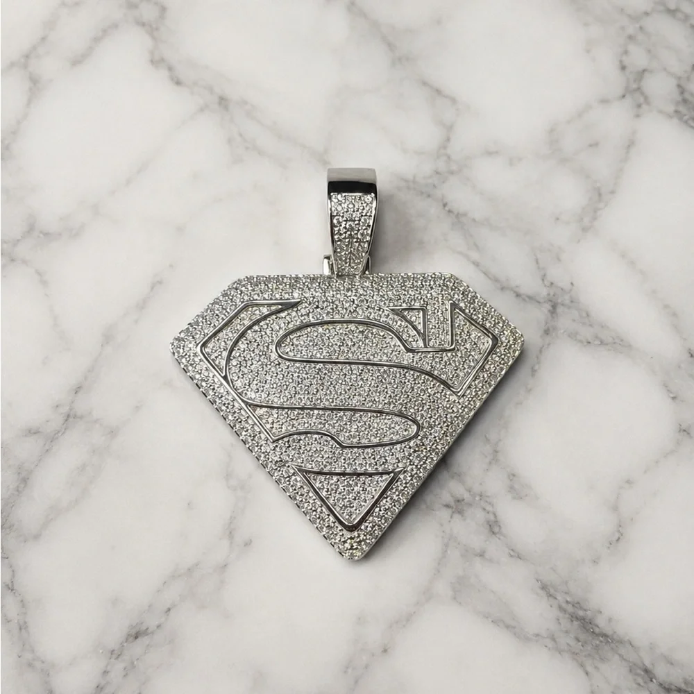 925 Sterling Silver Pave Superman Pendant 3.30CTW  MOISSANITE
